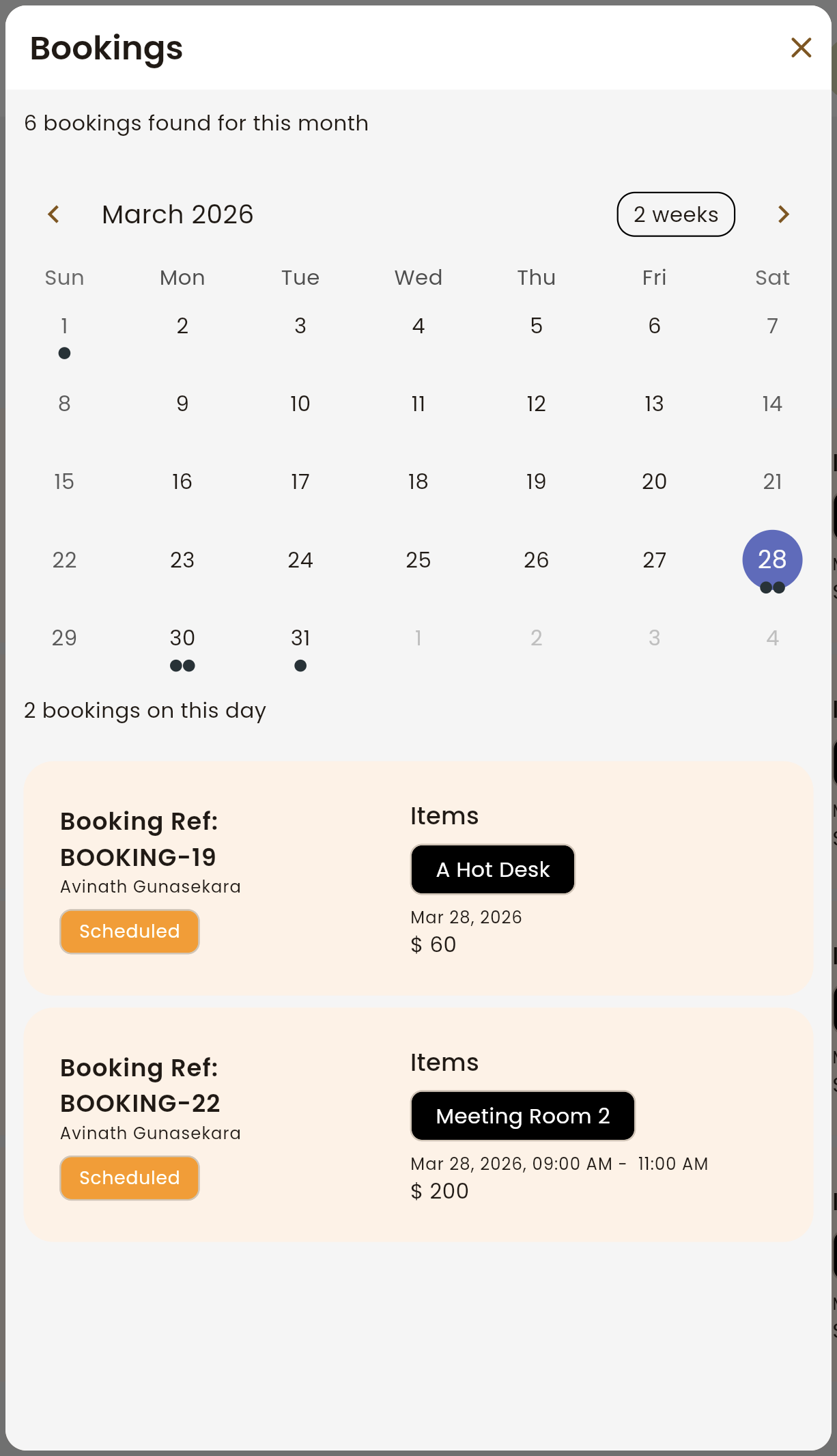 Coves booking calendar view