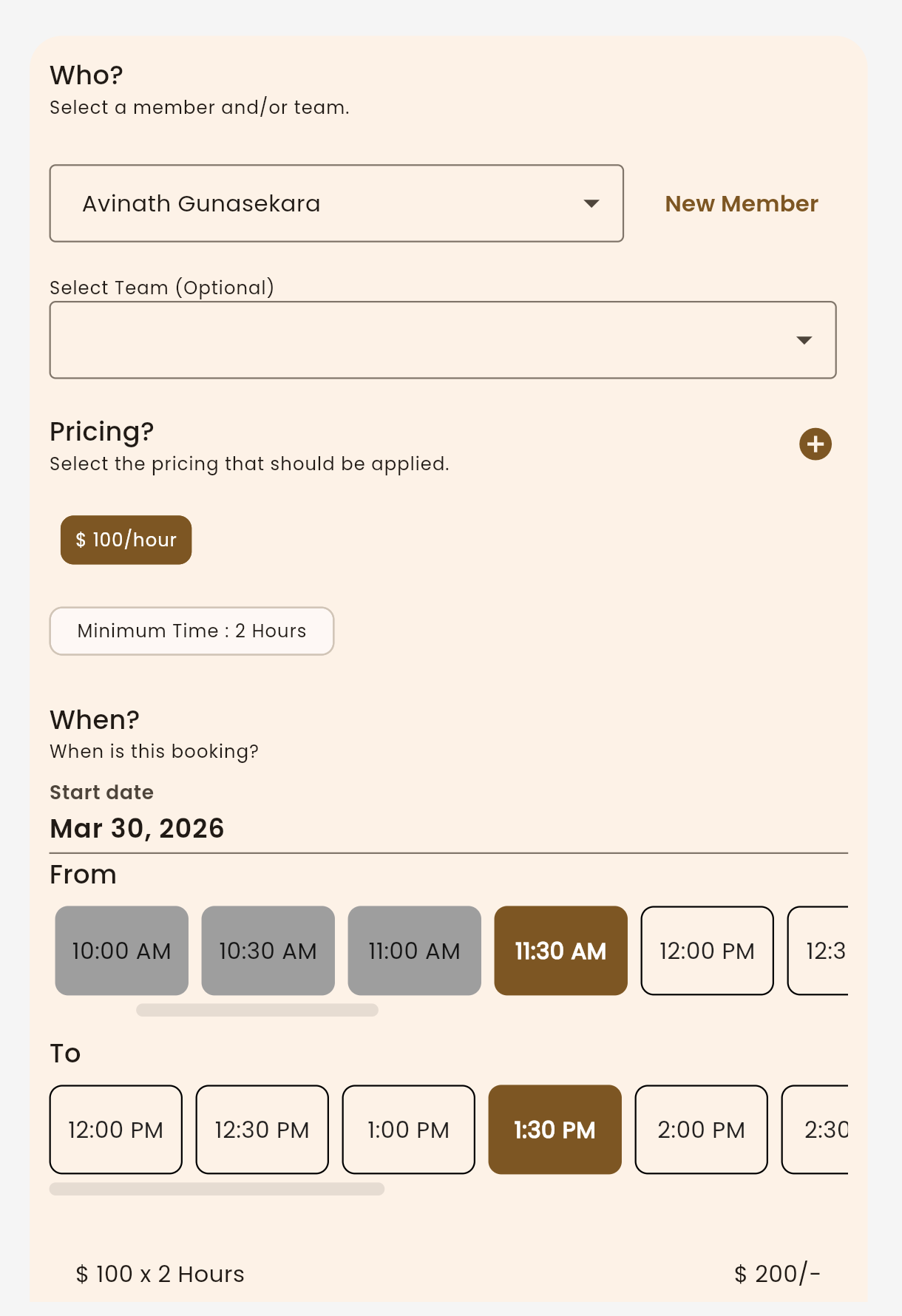 Coves booking form showing member selection, pricing, date, and time slot options