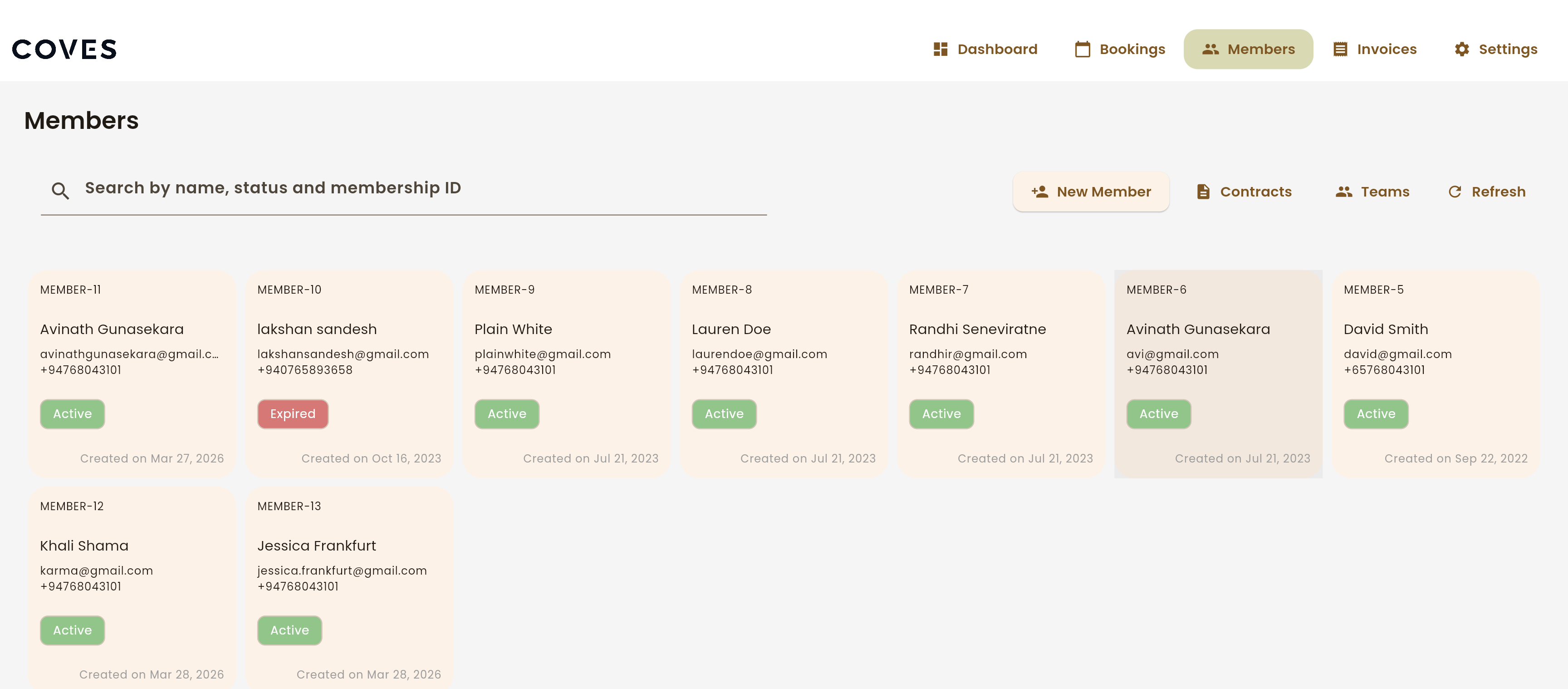 Coves member management showing member profiles and status