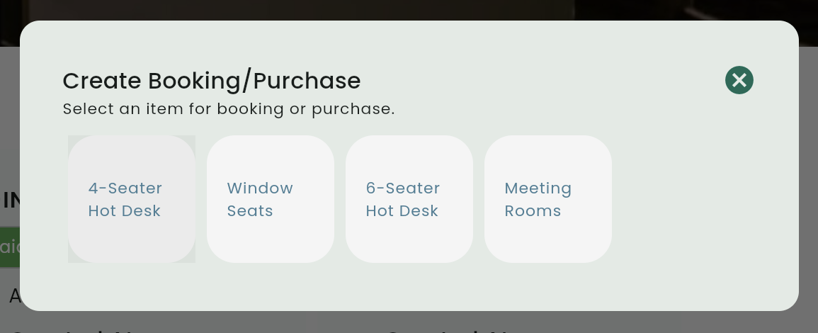 Coves booking resource selection — choose hot desk, meeting room, or private office