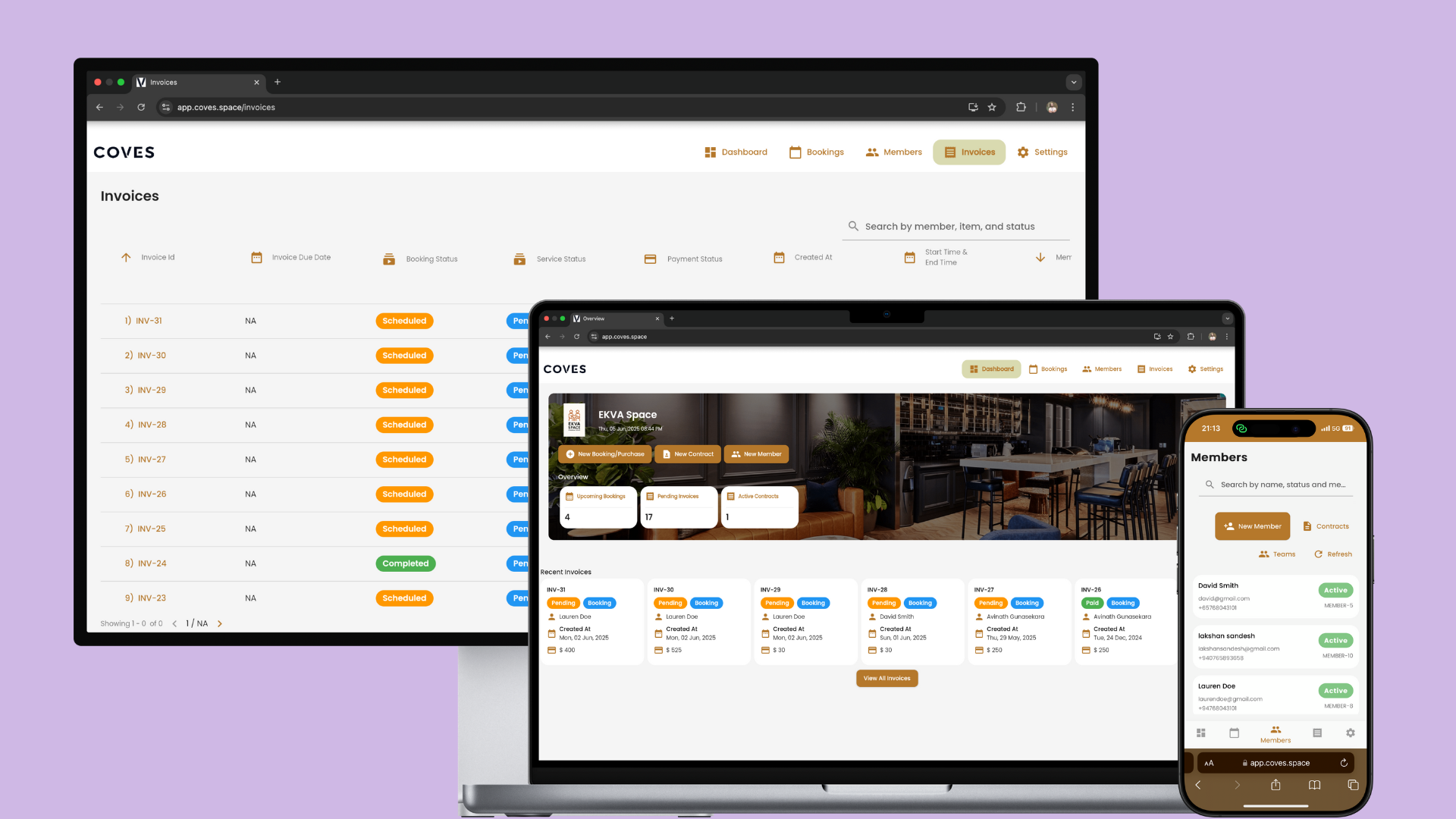 Coves dashboard — overview of bookings, invoices and member activity